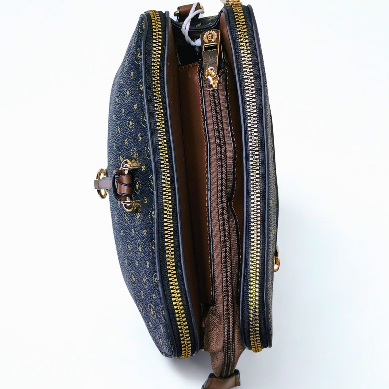 Blue handbag with gold zipper on a white background