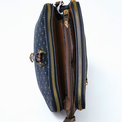 Blue handbag with gold zipper on a white background