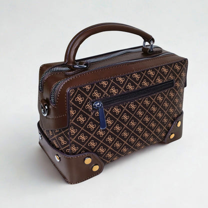 Brown handbag with a pattern on a white background