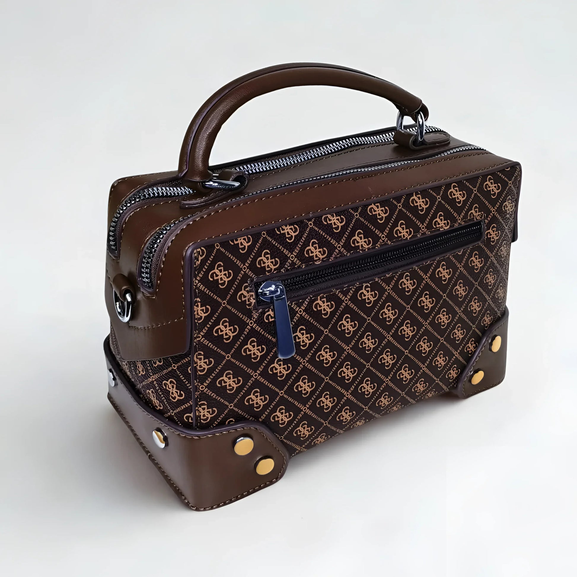 Brown handbag with a pattern on a white background