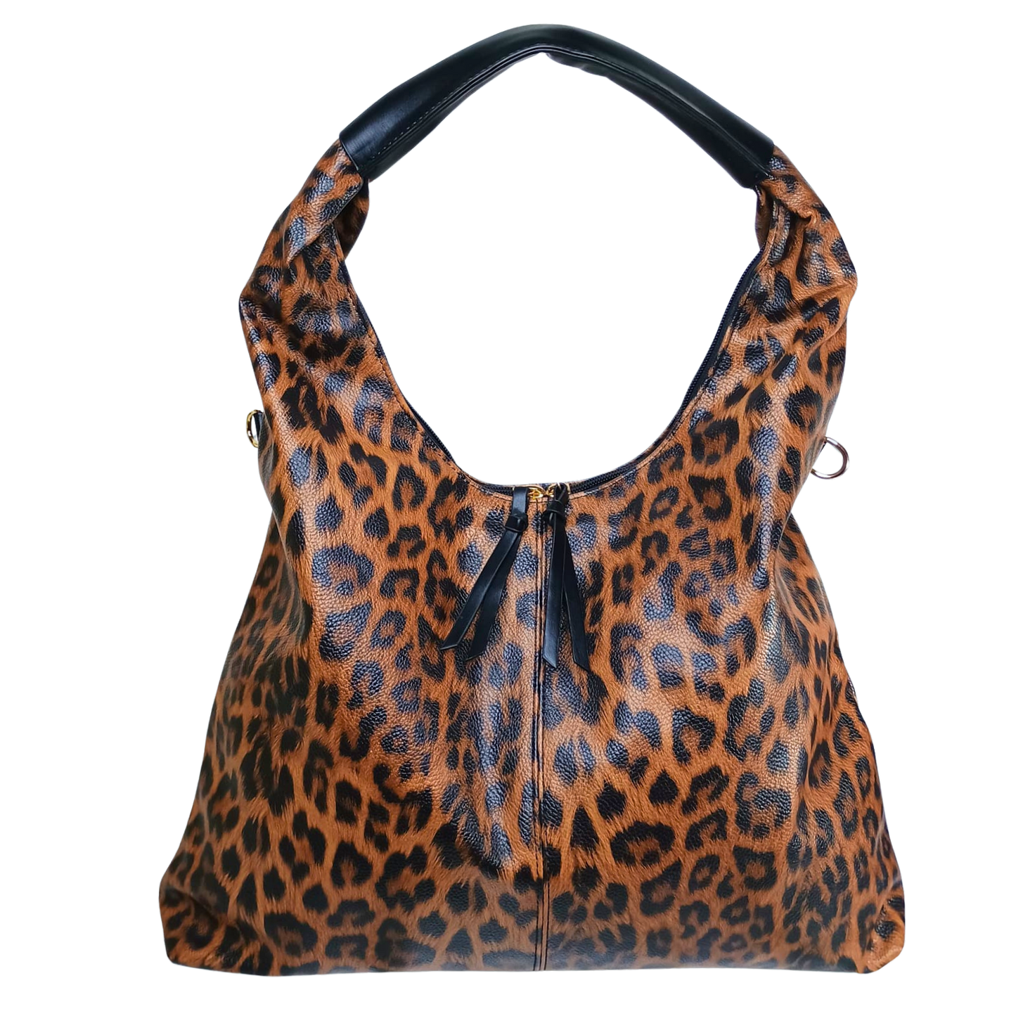 Leopard print handbag with black handle on a white background