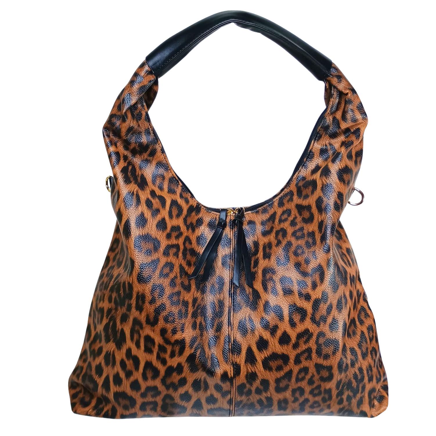 Leopard print handbag with black handle on a white background