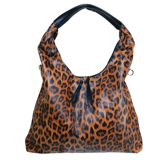 Leopard print handbag with black handle on a white background