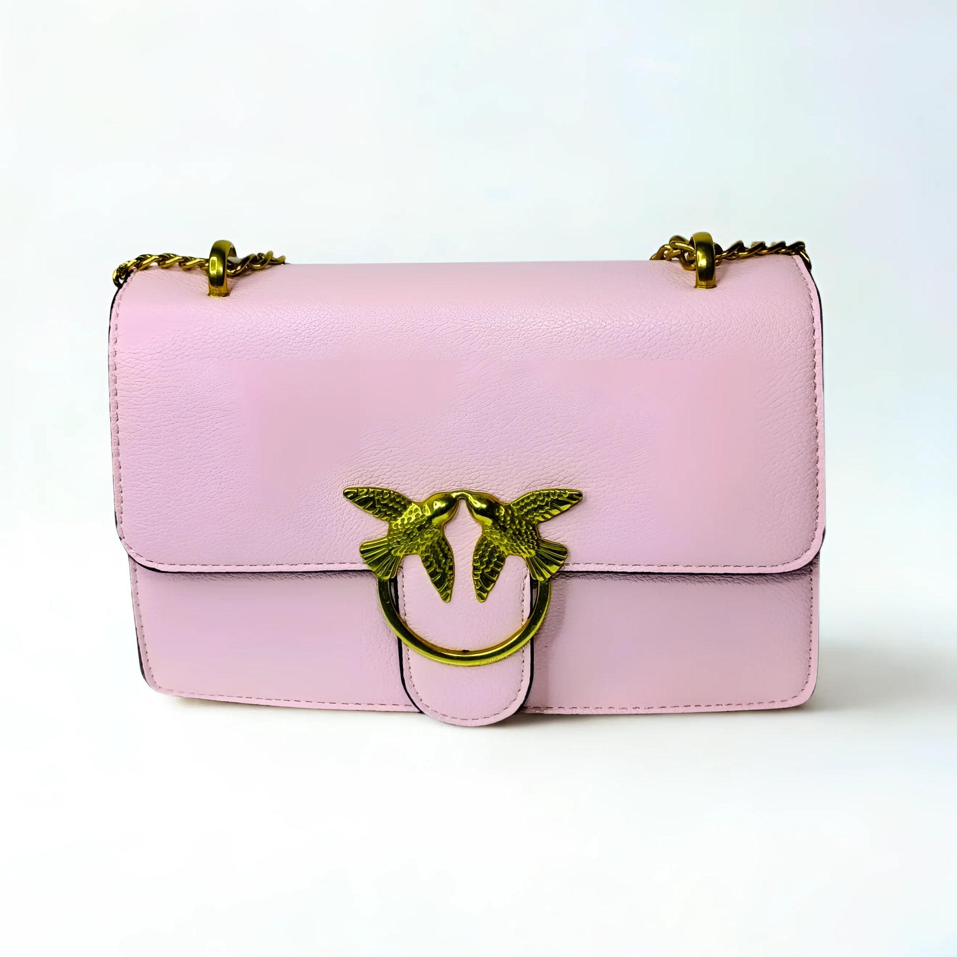 Pink handbag with gold chain and bird design on a white background