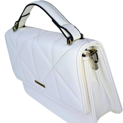 White quilted handbag with a clear plastic window on a white background