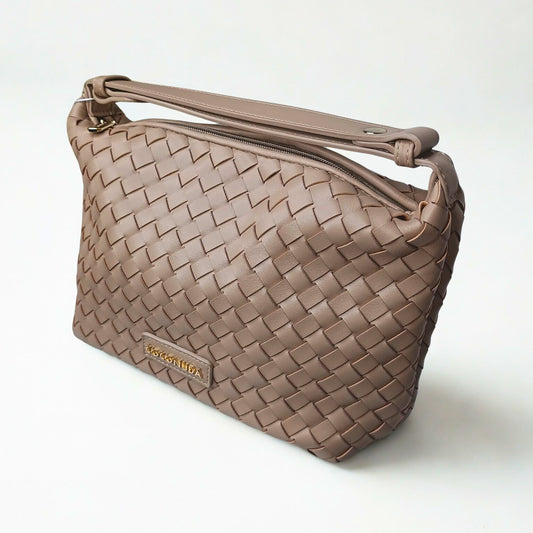 Beige woven handbag with a visible brand logo on a white background