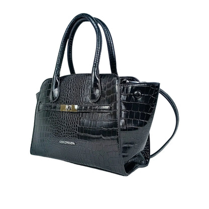 Black crocodile skin leather top-handle handbag with gold clasp for elegant style