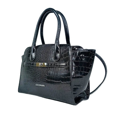 Black crocodile skin leather top-handle handbag with gold clasp for elegant style
