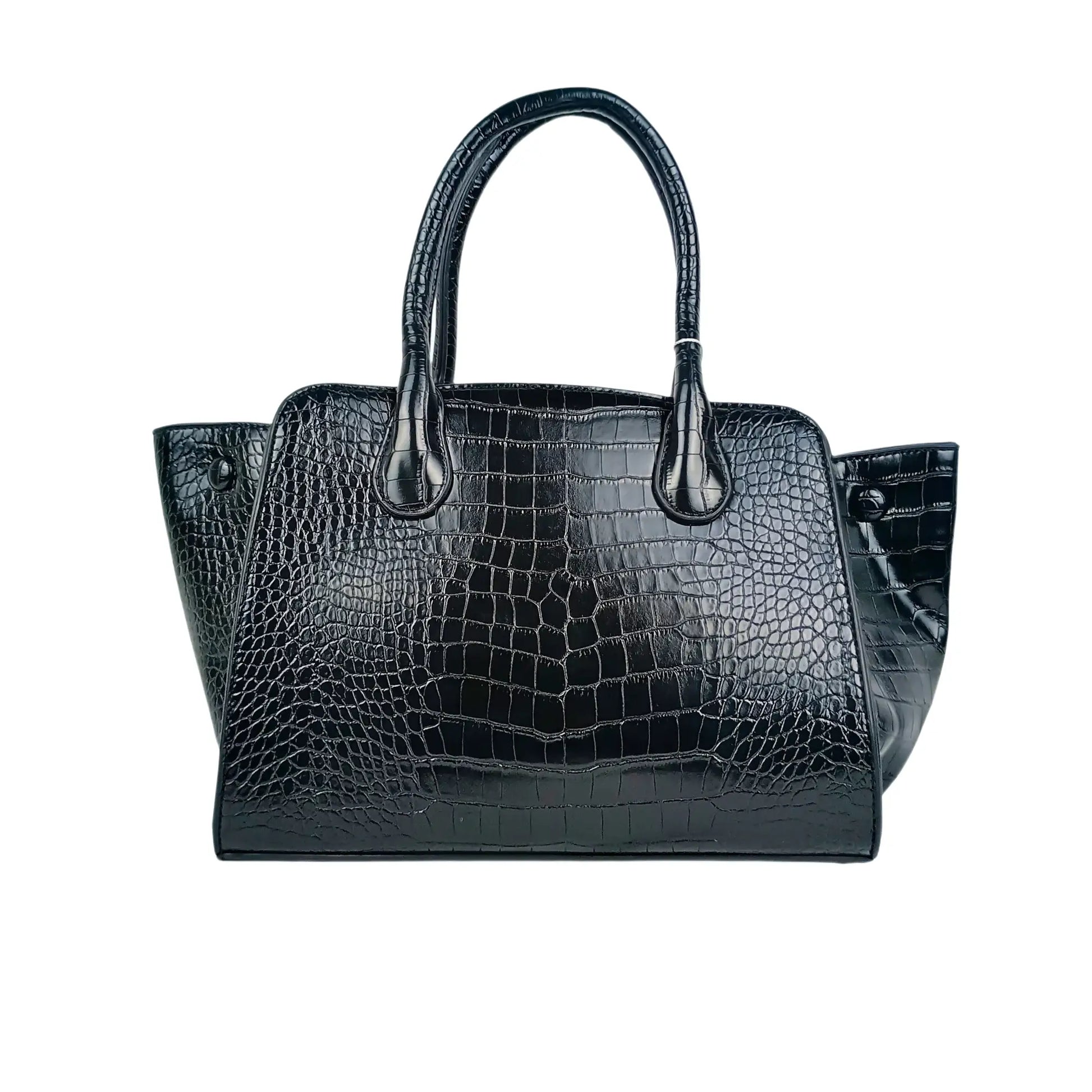 Black crocodile skin leather top handle handbag with gold clasp and two handles