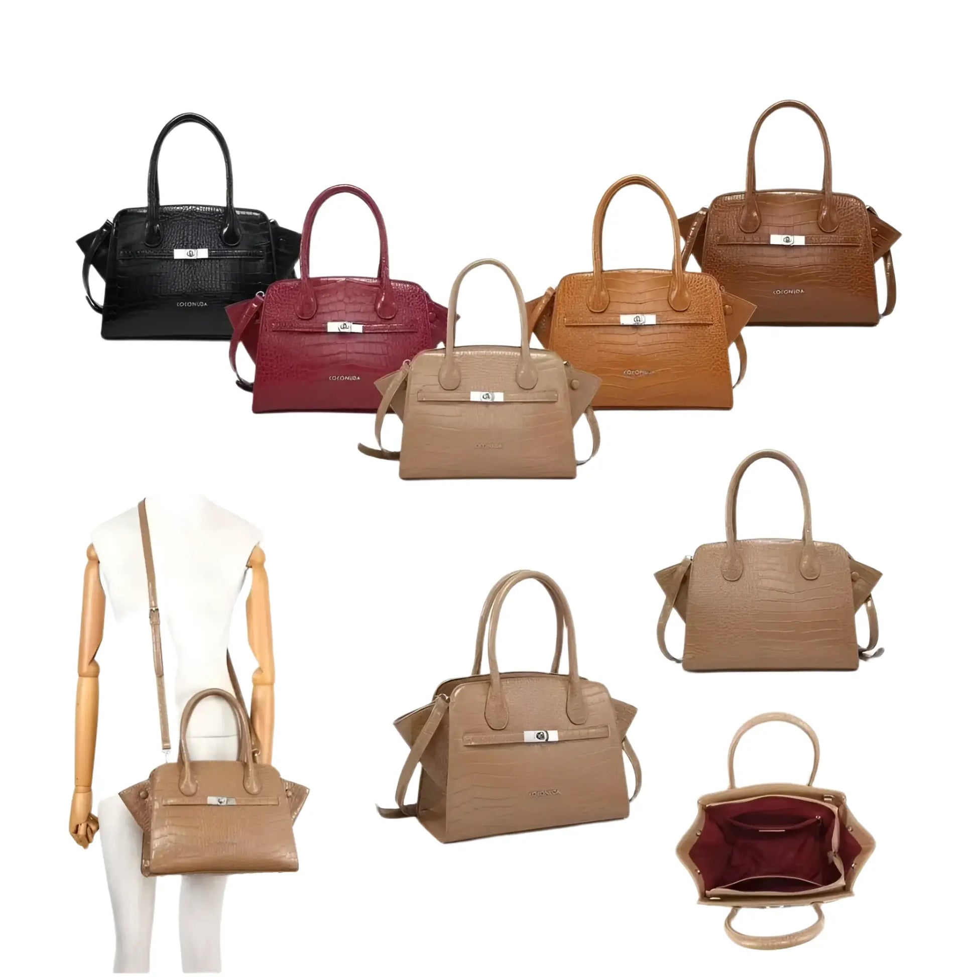 Faux-leather handbags in various colors and textures, including black crocodile skin leather with top handles and gold clasp