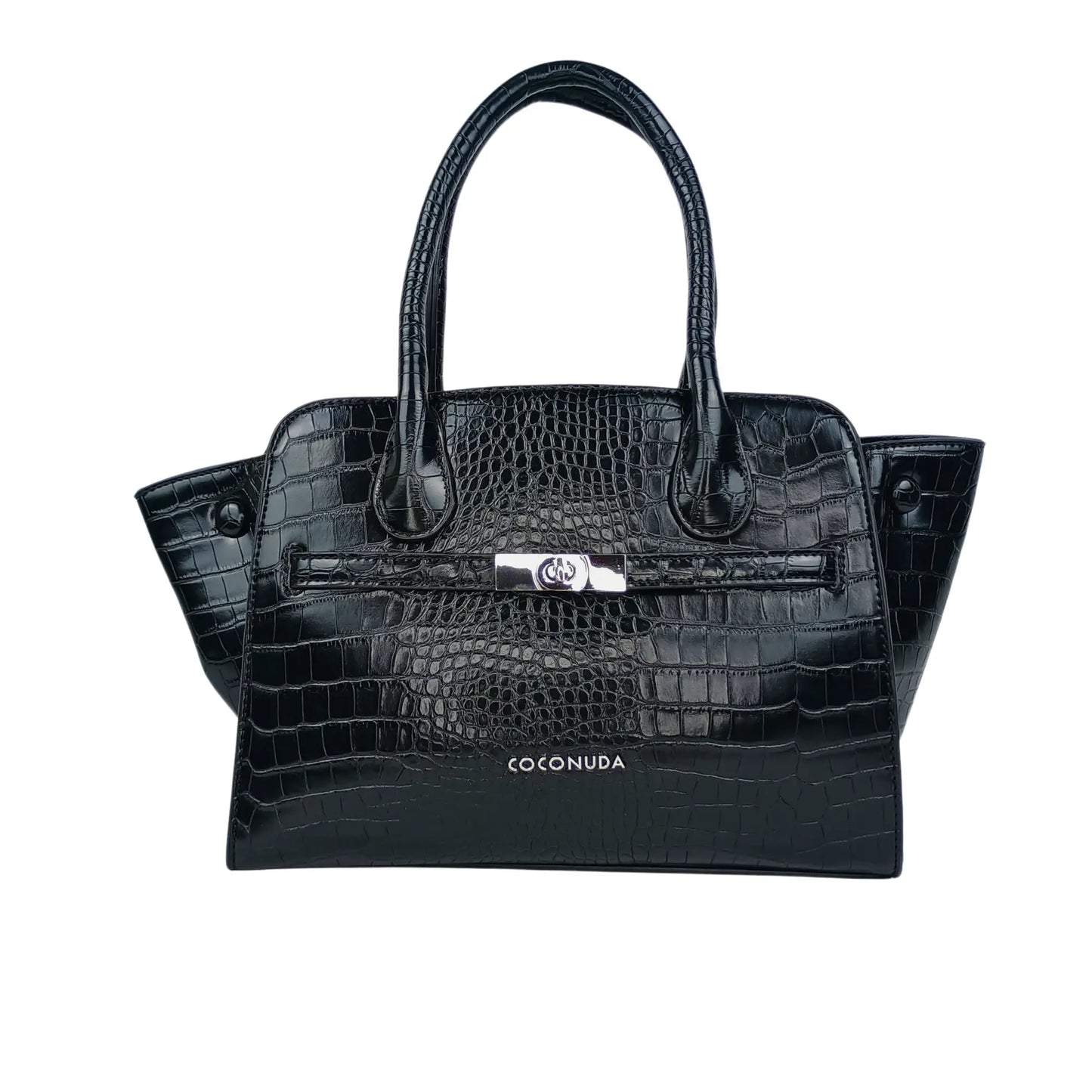 Black crocodile skin leather top handle handbag with silver hardware and gold clasp