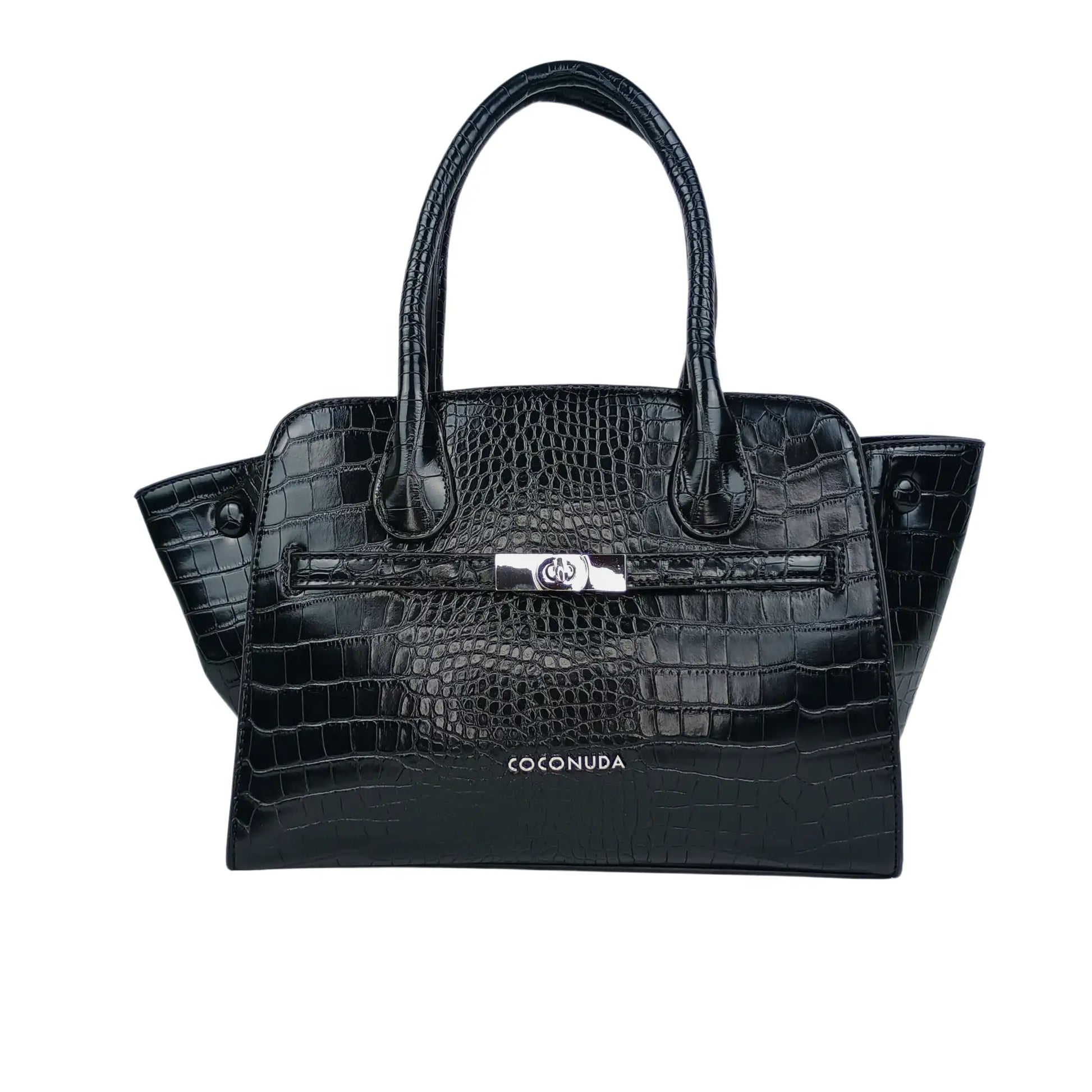 Black crocodile skin leather top handle handbag with silver hardware and gold clasp
