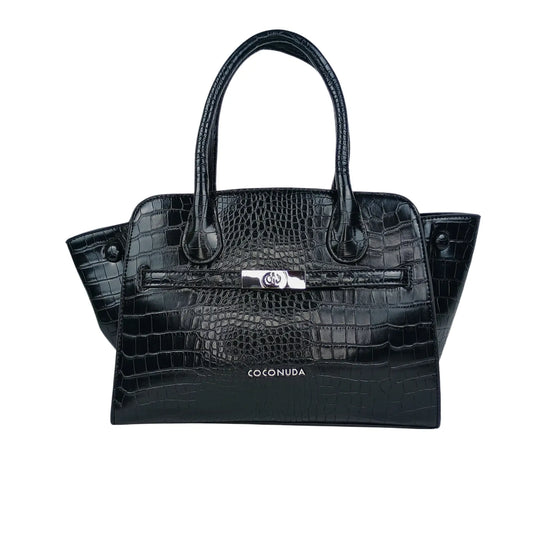 Black crocodile skin leather top handle handbag with silver hardware and gold clasp