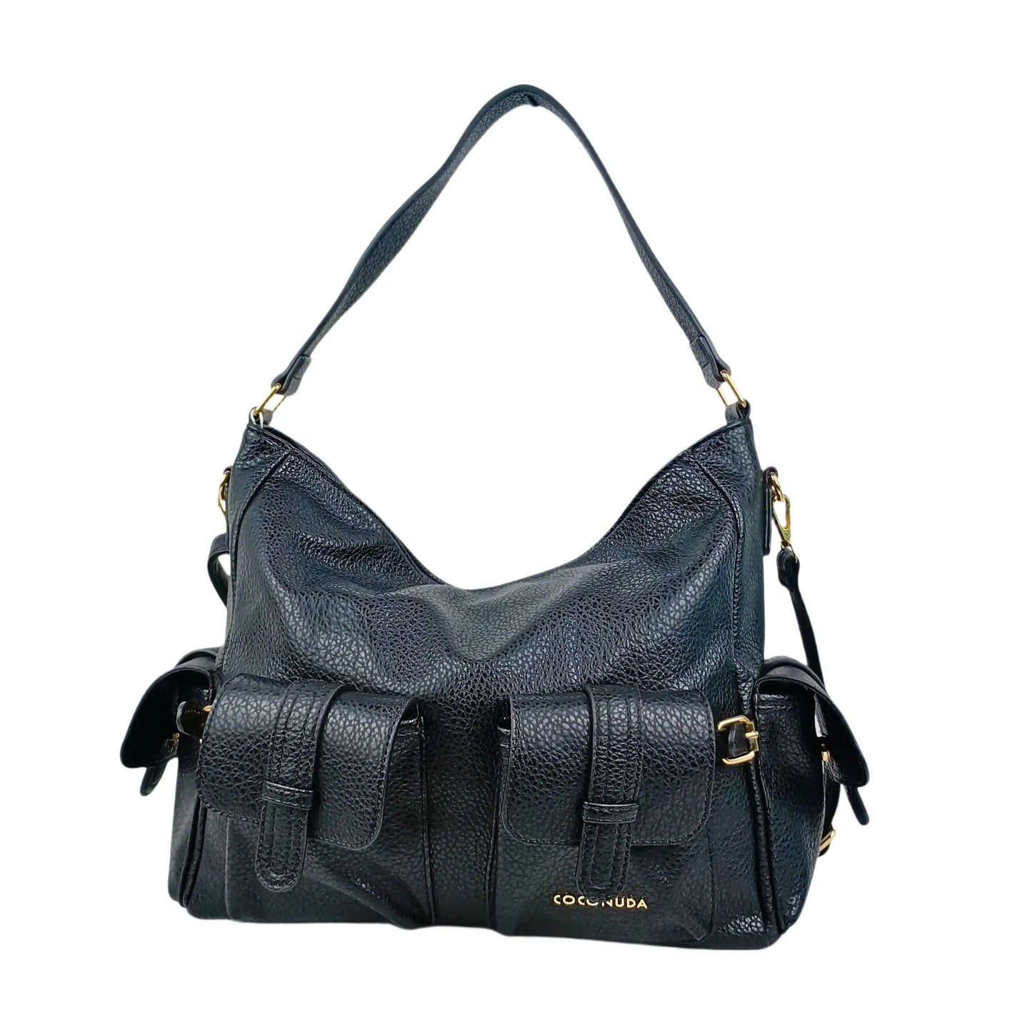 Black pebbled leather shopper bag with multiple pockets and gold-tone hardware for women
