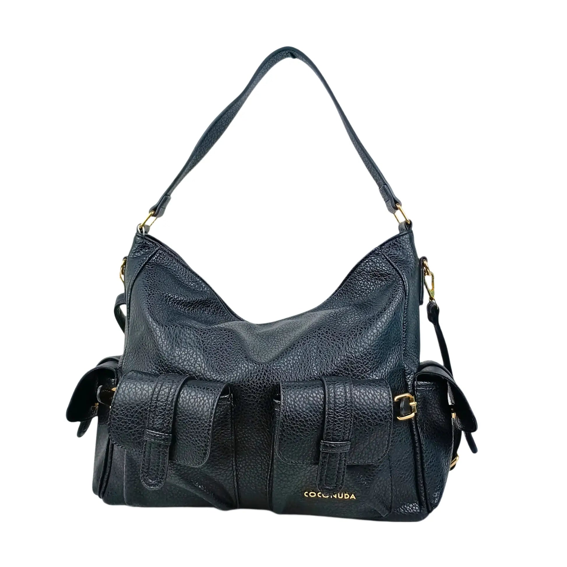 Black pebbled leather shopper bag with multiple pockets and gold-tone hardware for women
