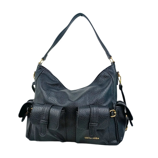 Black pebbled leather shopper bag with multiple pockets and gold-tone hardware for women