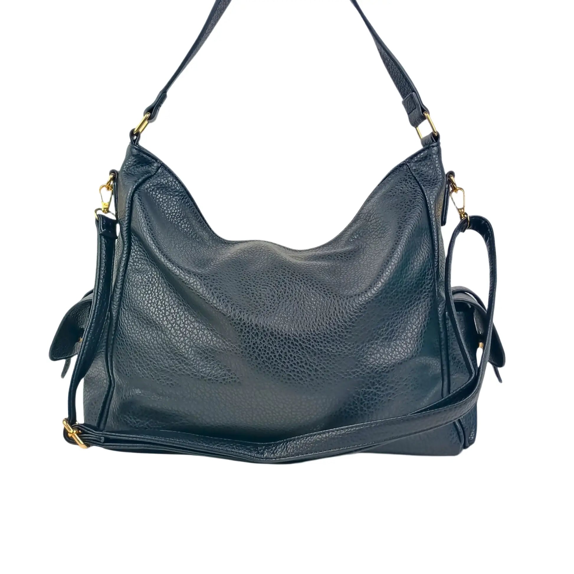 Textured black leather shopper bag with multiple pockets and gold-tone hardware for women