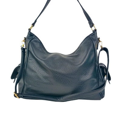 Textured black leather shopper bag with multiple pockets and gold-tone hardware for women