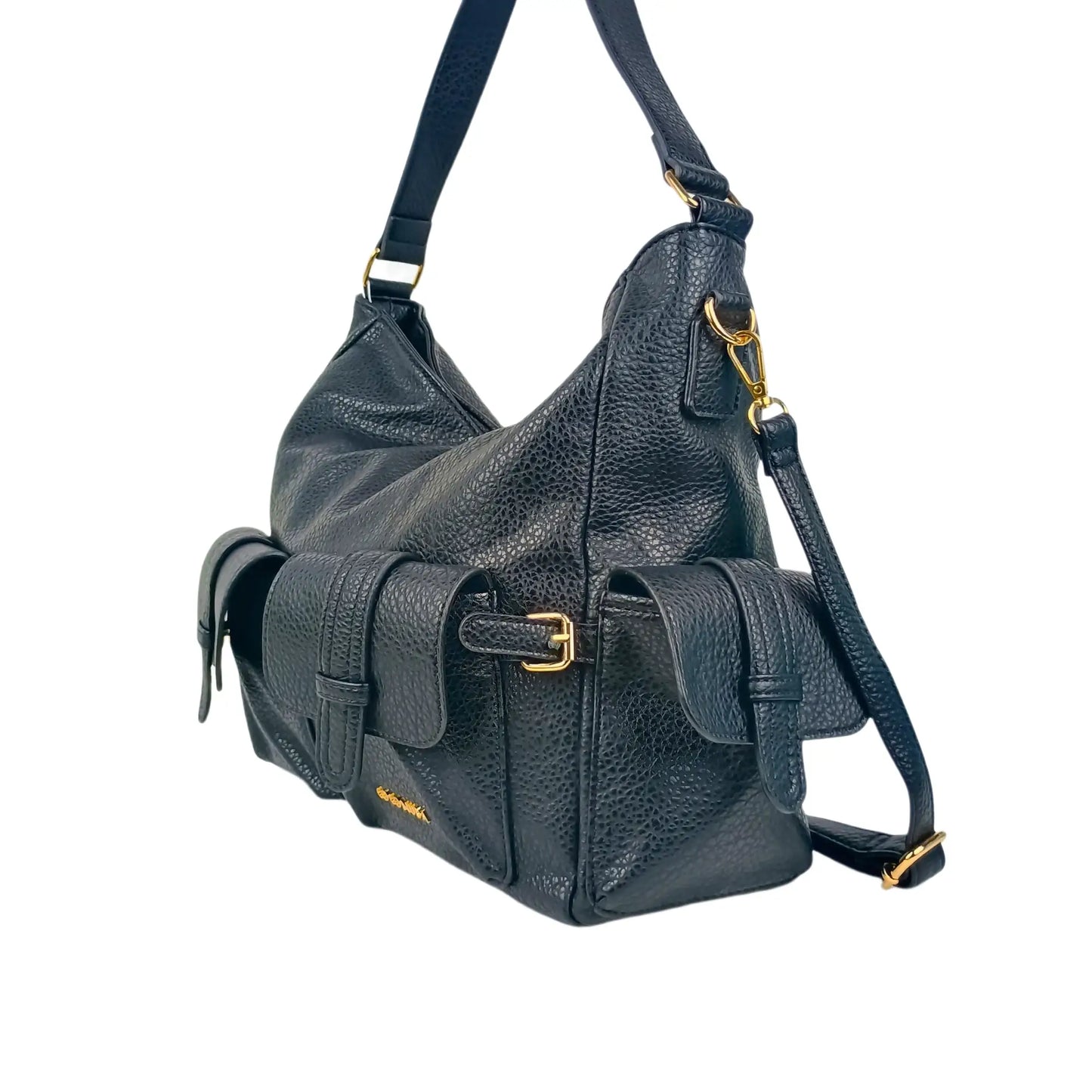 Black textured leather shopper bag with multiple pockets and gold-tone hardware for women