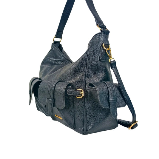 Black textured leather shopper bag with multiple pockets and gold-tone hardware for women