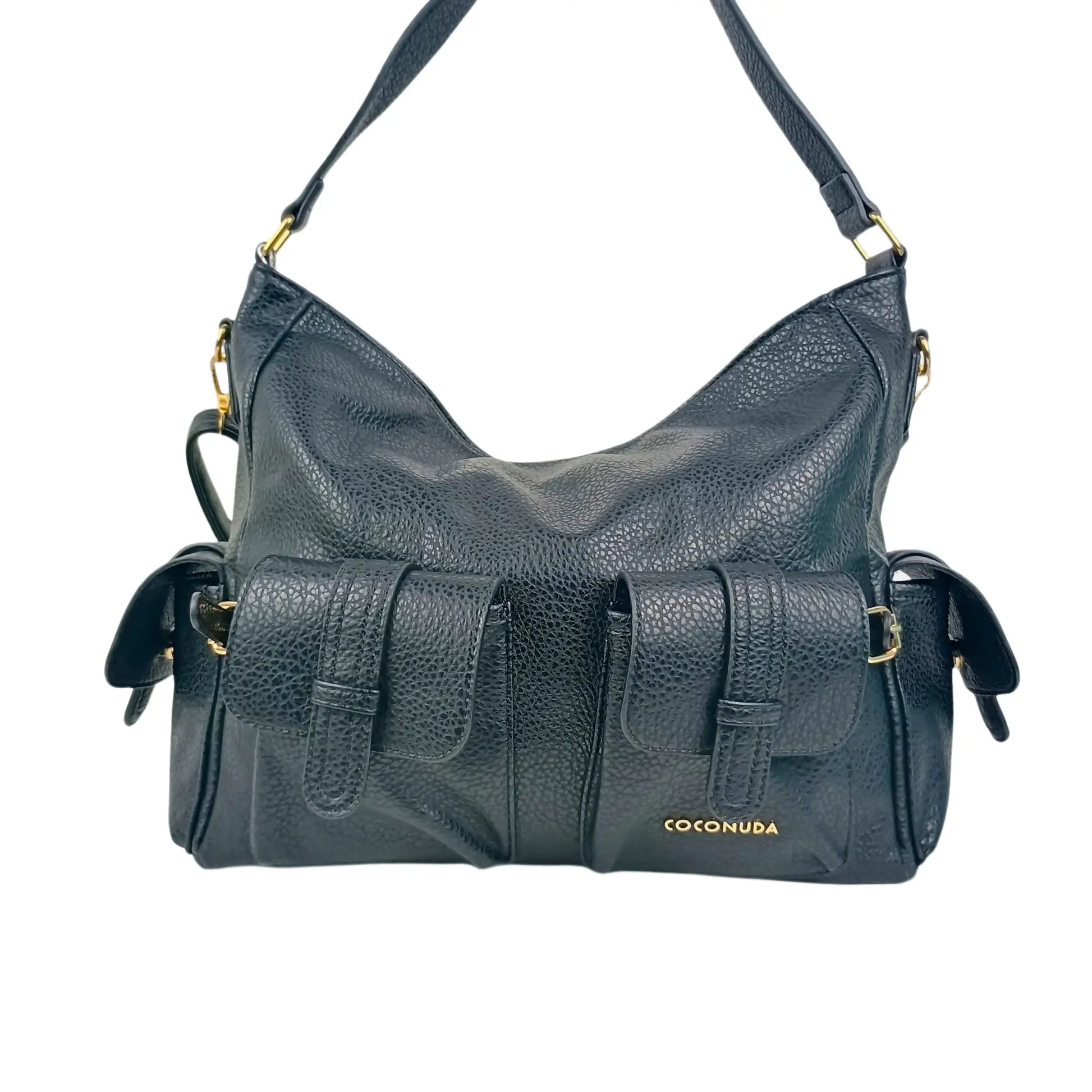 Black faux leather shopper bag with multiple pockets, ideal for women’s bags & wallets
