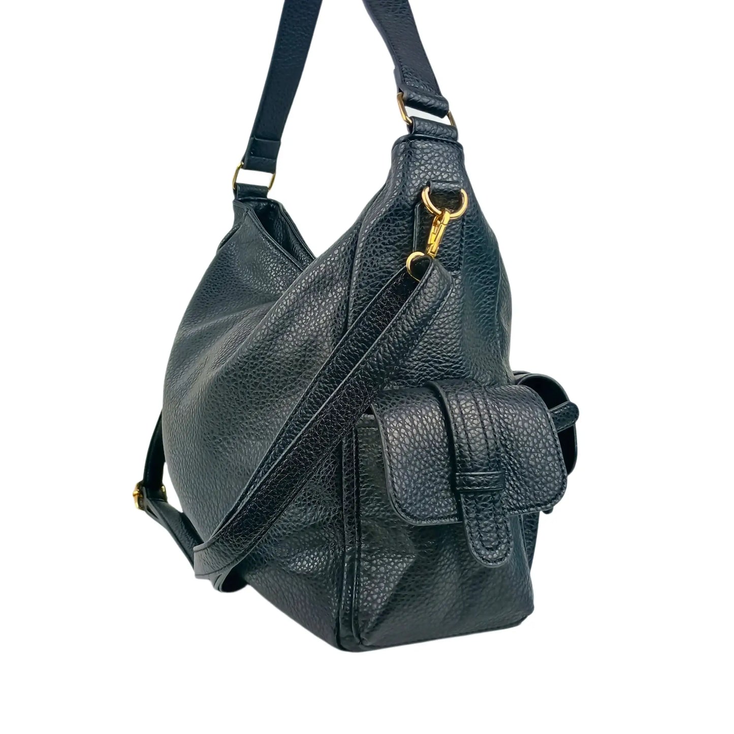 Black pebbled leather shopper bag with multiple pockets and gold hardware for women