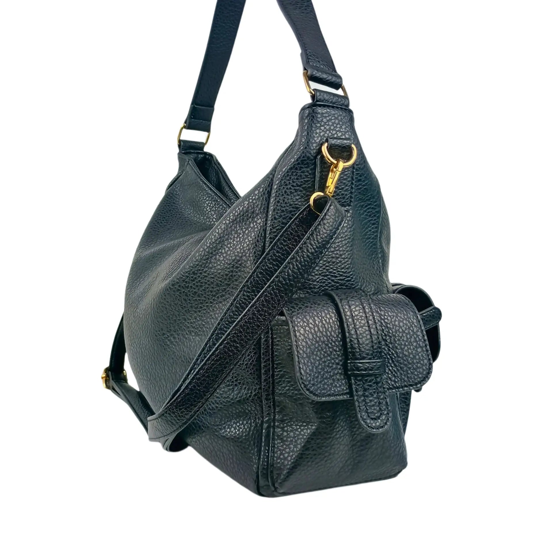 Black pebbled leather shopper bag with multiple pockets and gold hardware for women