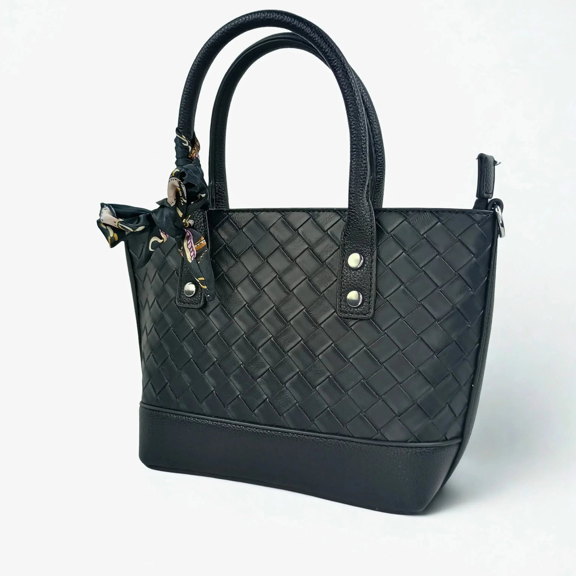 Black Leather Shopper Bag with Woven Texture and Scarf Accent - Stile Donna Bags