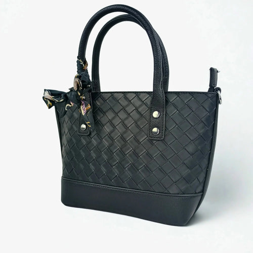 Black Leather Shopper Bag with Woven Texture and Scarf Accent - Stile Donna Bags
