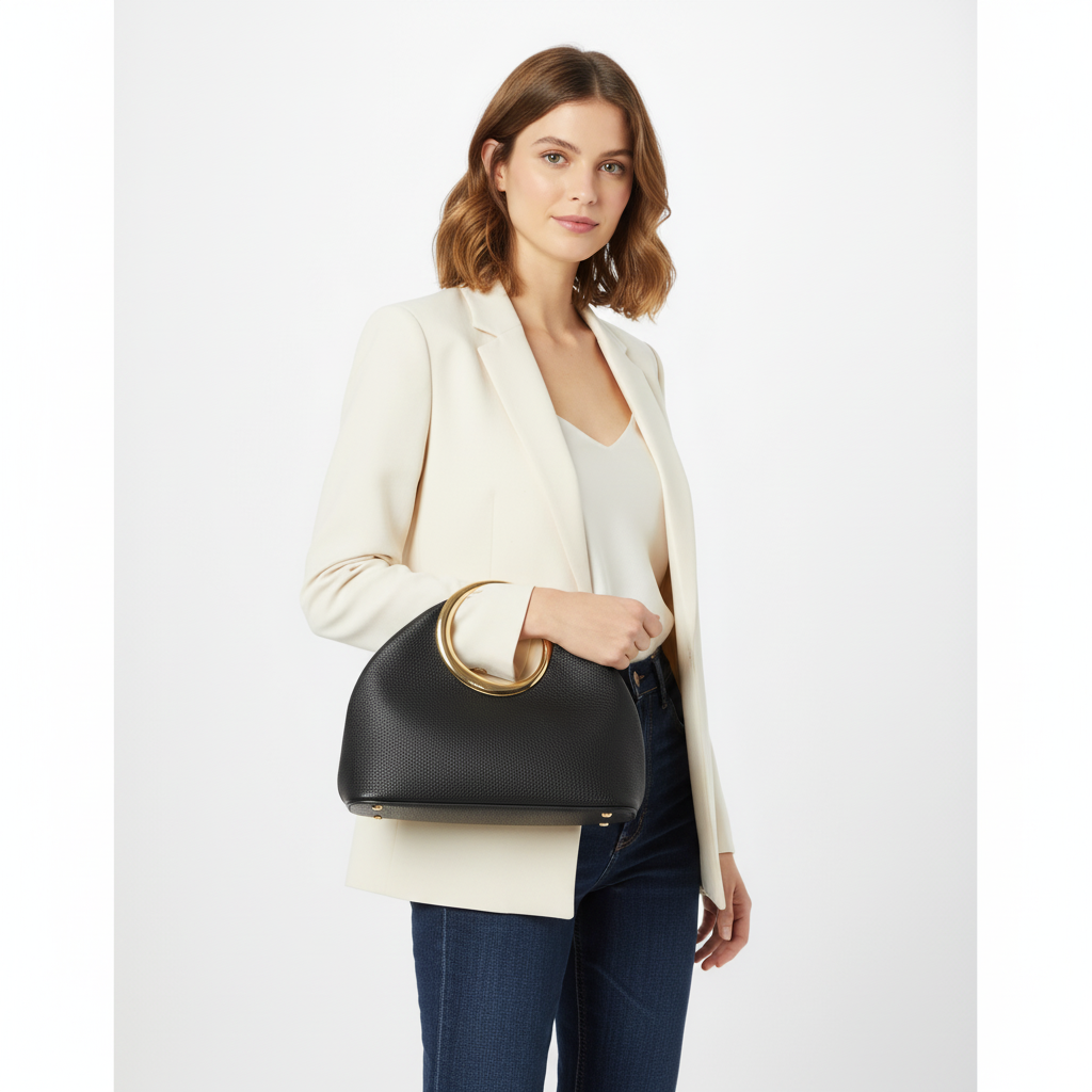 Woman holding a black handbag with gold handle on a white background