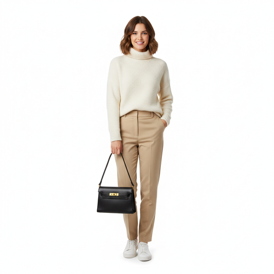 Woman wearing a cream sweater, beige pants, and white shoes, holding a black handbag on a white background