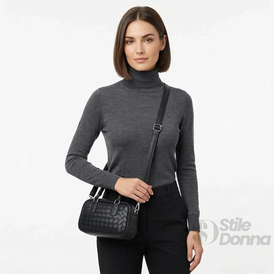 Borsa A Cilindro Intrecciata In Eco Pelle Nera Con Fodera… | Vista laterale | ecopelle | Nero