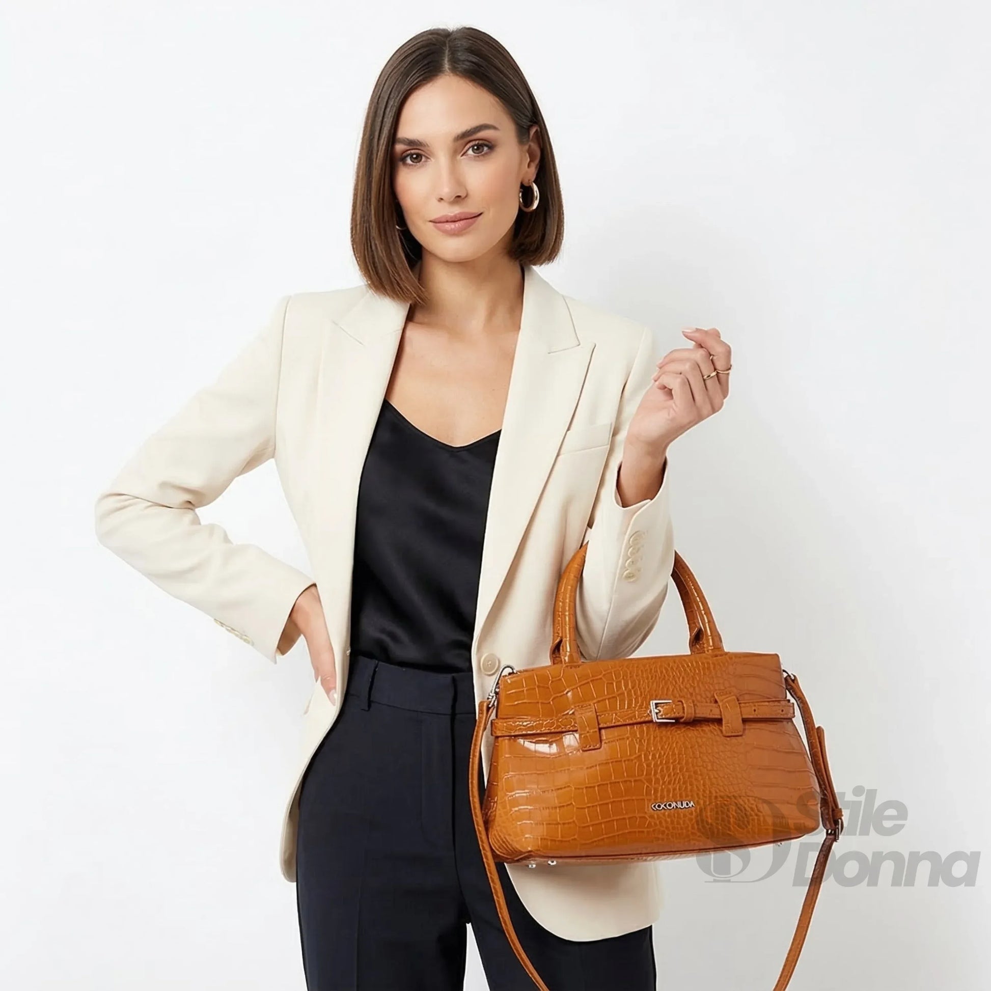 borsa-a-mano-in-pelle-effetto-coccodrillo-marrone-cognoscenti-235 - Stile Donna Bags