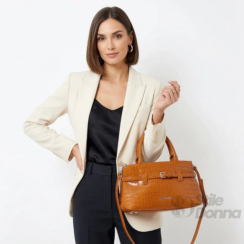 Borsa A Mano In Pelle Marrone Effetto Coccodrillo | Vista posteriore | ecopelle | Marrone