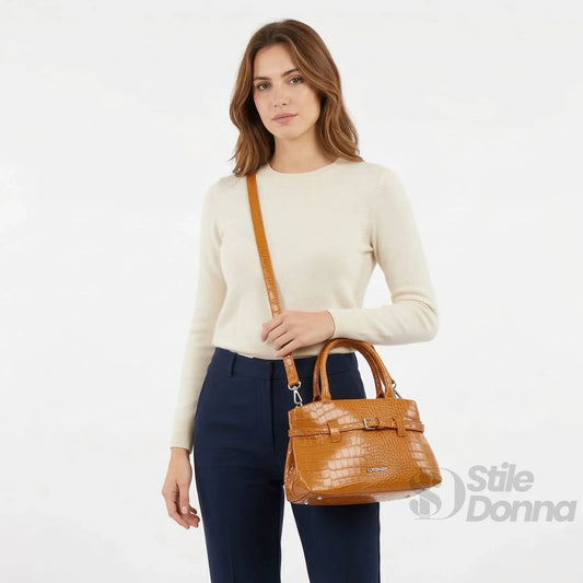 borsa-a-mano-in-pelle-effetto-coccodrillo-marrone-texture-624 - Stile Donna Bags