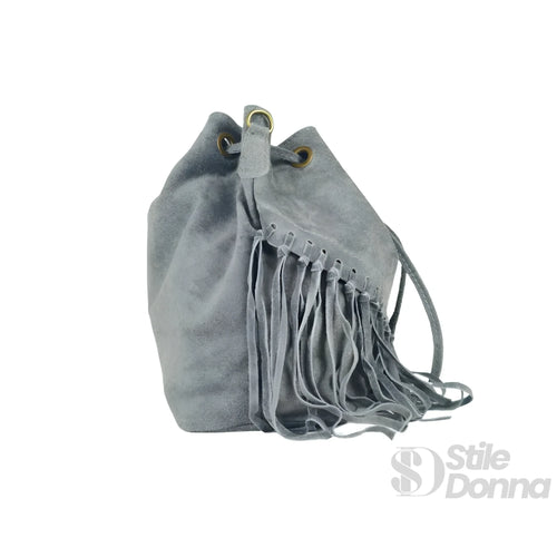 Borsa a Secchiello in Camoscio con Frange Tracolla Regola… | Close-up chiusura | vera pelle | Grigio