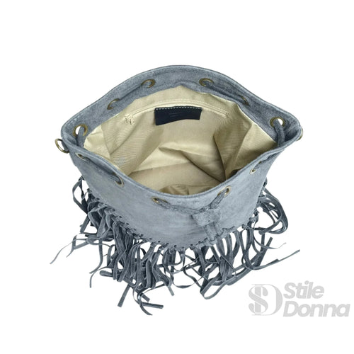 Borsa a Secchiello in Camoscio con Frange Tracolla Regola… | Vista posteriore | vera pelle | Grigio