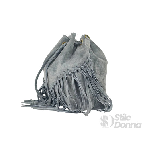 Borsa a Secchiello in Camoscio con Frange Tracolla Regola… | Interno e tasche | vera pelle | Grigio
