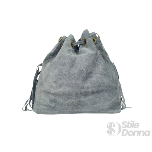Borsa a Secchiello in Camoscio con Frange Tracolla Regola… | Prospettiva indossata | vera pelle | Grigio