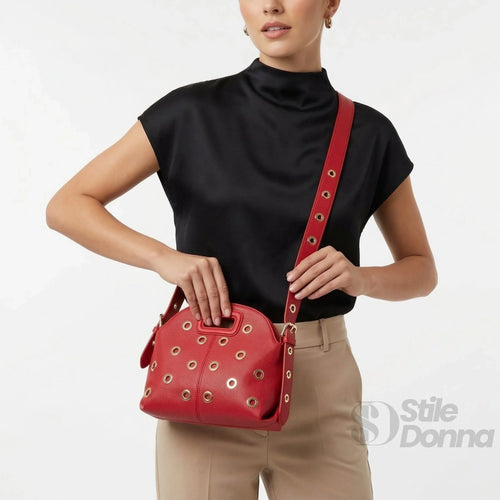 Borsa a Spalla Con Occhielli Circolari Oro In Ecopelle Re… | Interno e tasche | ecopelle | Nero