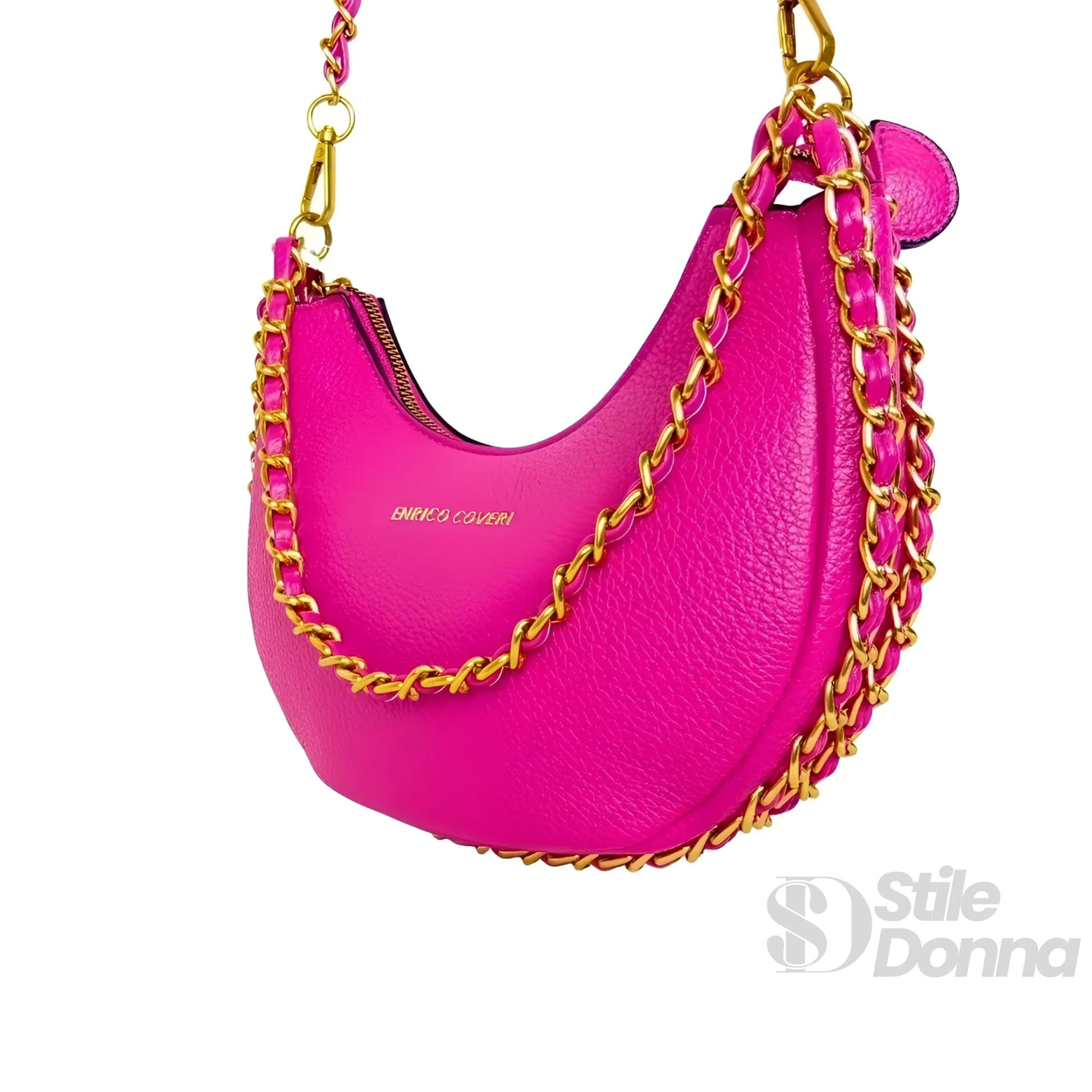 Enrico Coveri Borsa A Spalla Rosa Con Tracolla A Catena I… | Prospettiva indossata | ecopelle | Nero