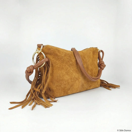 borsa-a-tracolla-in-camoscio-con-frange-boho-382 - Stile Donna Bags