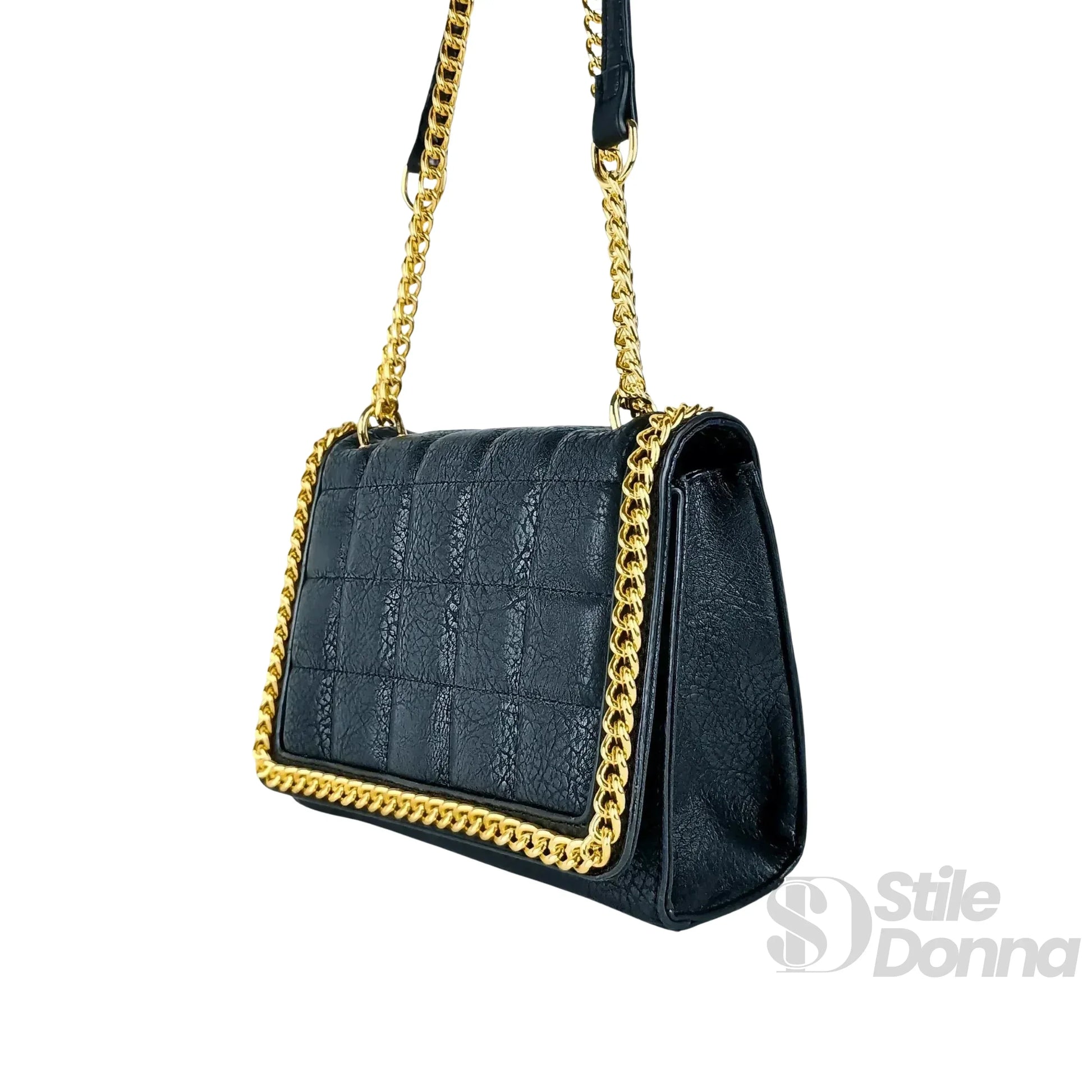Borsa A Tracolla Nera Trapuntata In Ecopelle Con Catena D… | Interno e tasche | ecopelle | Nero