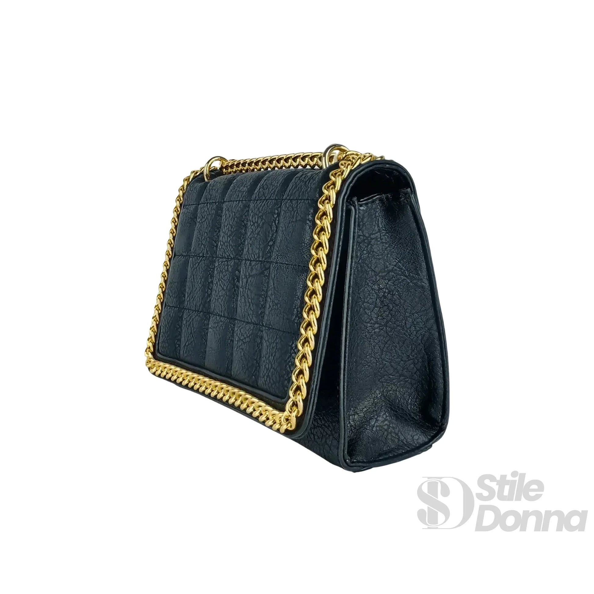 Borsa A Tracolla Nera Trapuntata In Ecopelle Con Catena D… | Dettaglio esterno | ecopelle | Nero