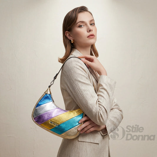 borsa-a-tracolla-righe-rainbow-metallic-mano-forma-915 - Stile Donna Bags