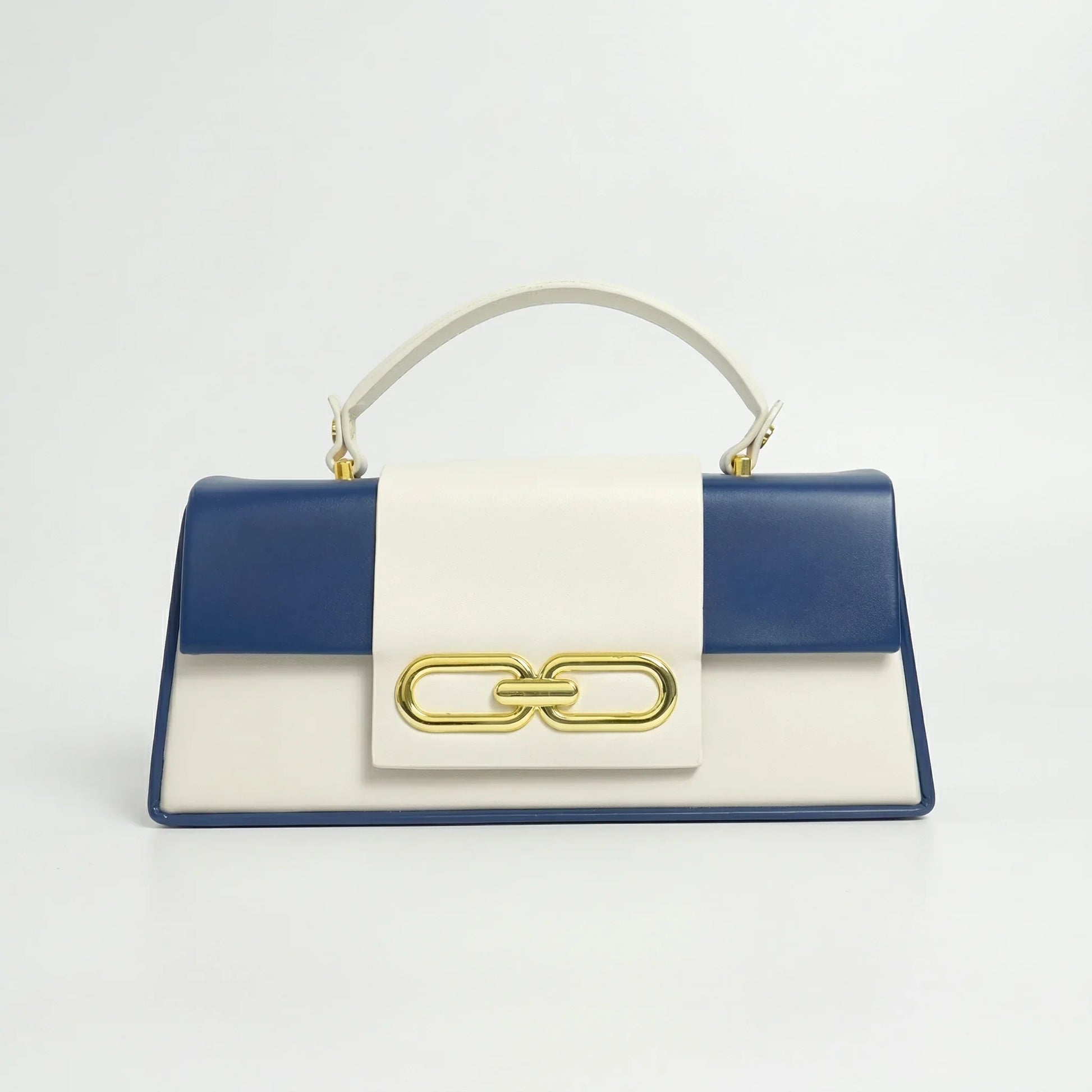 Borsa Bicolore Blu e Crema con Chiusura Dorata | Vista frontale | ecopelle | Beige