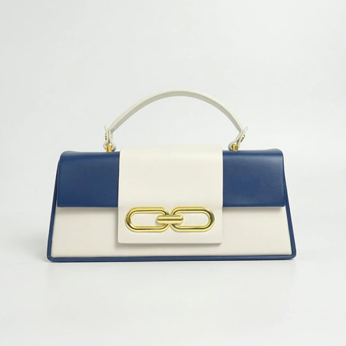 Borsa Bicolore Blu e Crema con Chiusura Dorata | Vista frontale | ecopelle | Beige