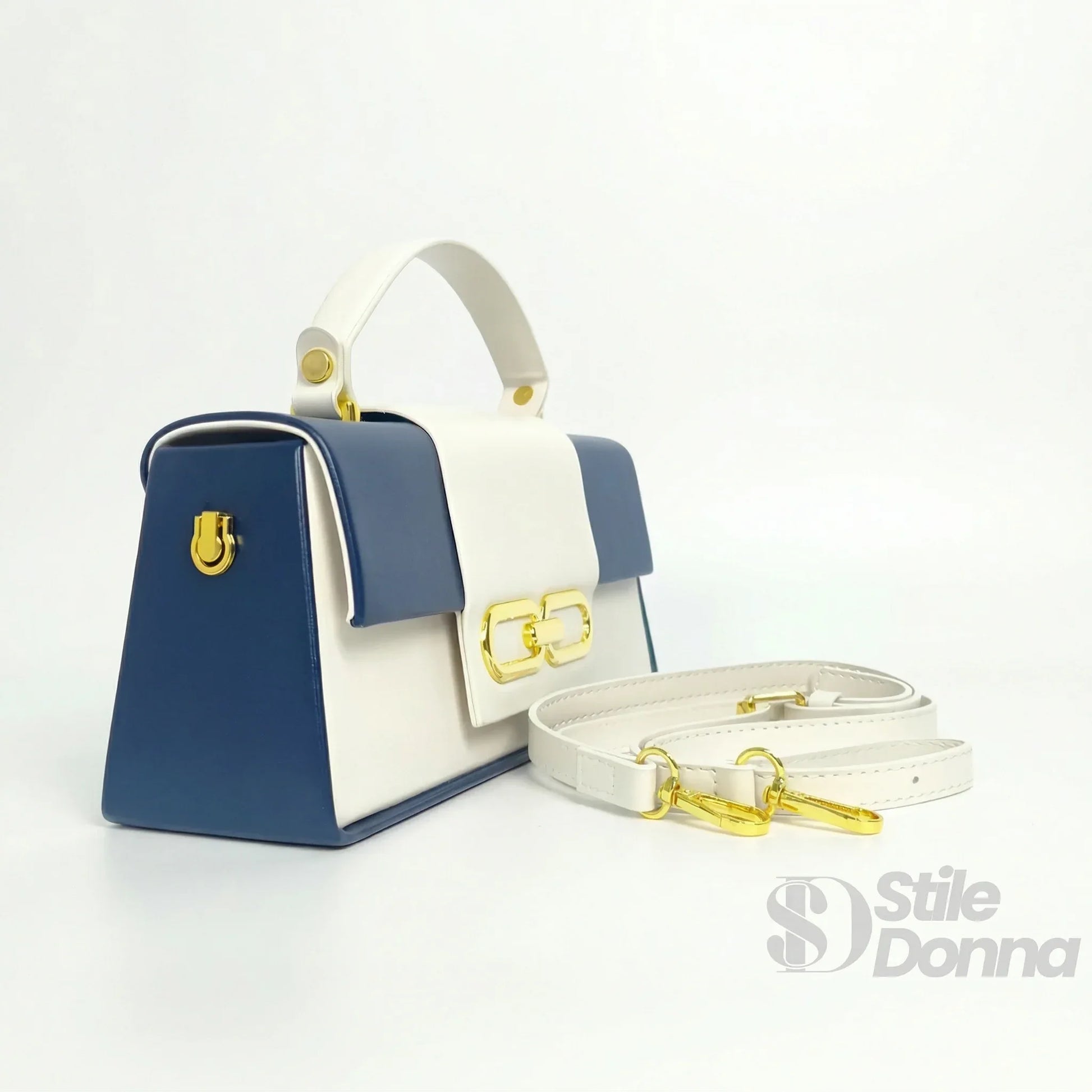 Borsa Bicolore Blu e Crema con Chiusura Dorata | Vista laterale | ecopelle | Beige