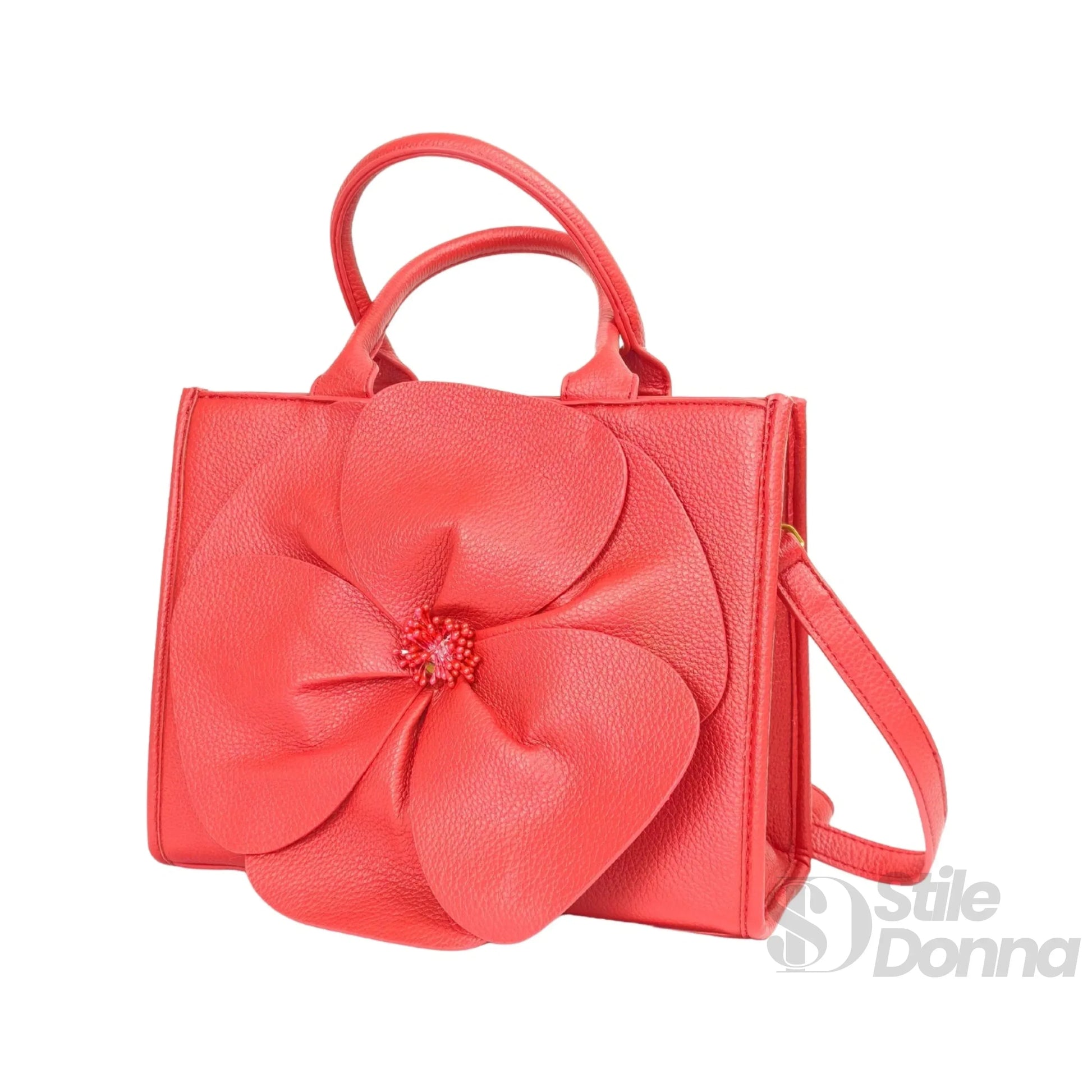 Borsa da Donna in Pelle Rossa con Ricamo Floreale | Dettaglio esterno | ecopelle | Rosso