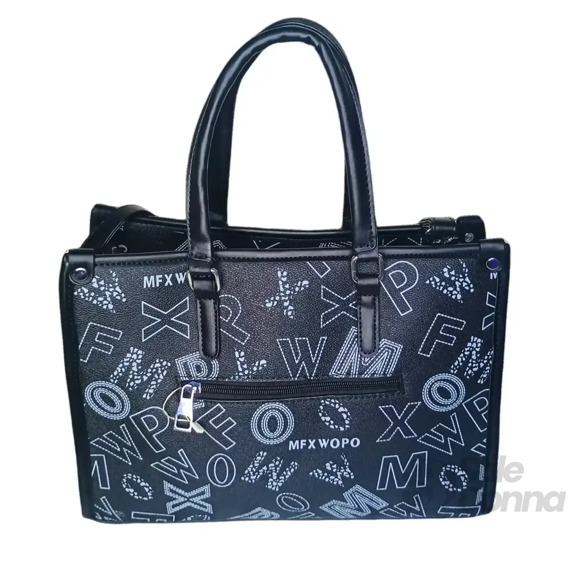 Borsa Da Donna Nera Di Design Con Stampa E Tracolla In Ec… | Vista laterale | ecopelle | Nero